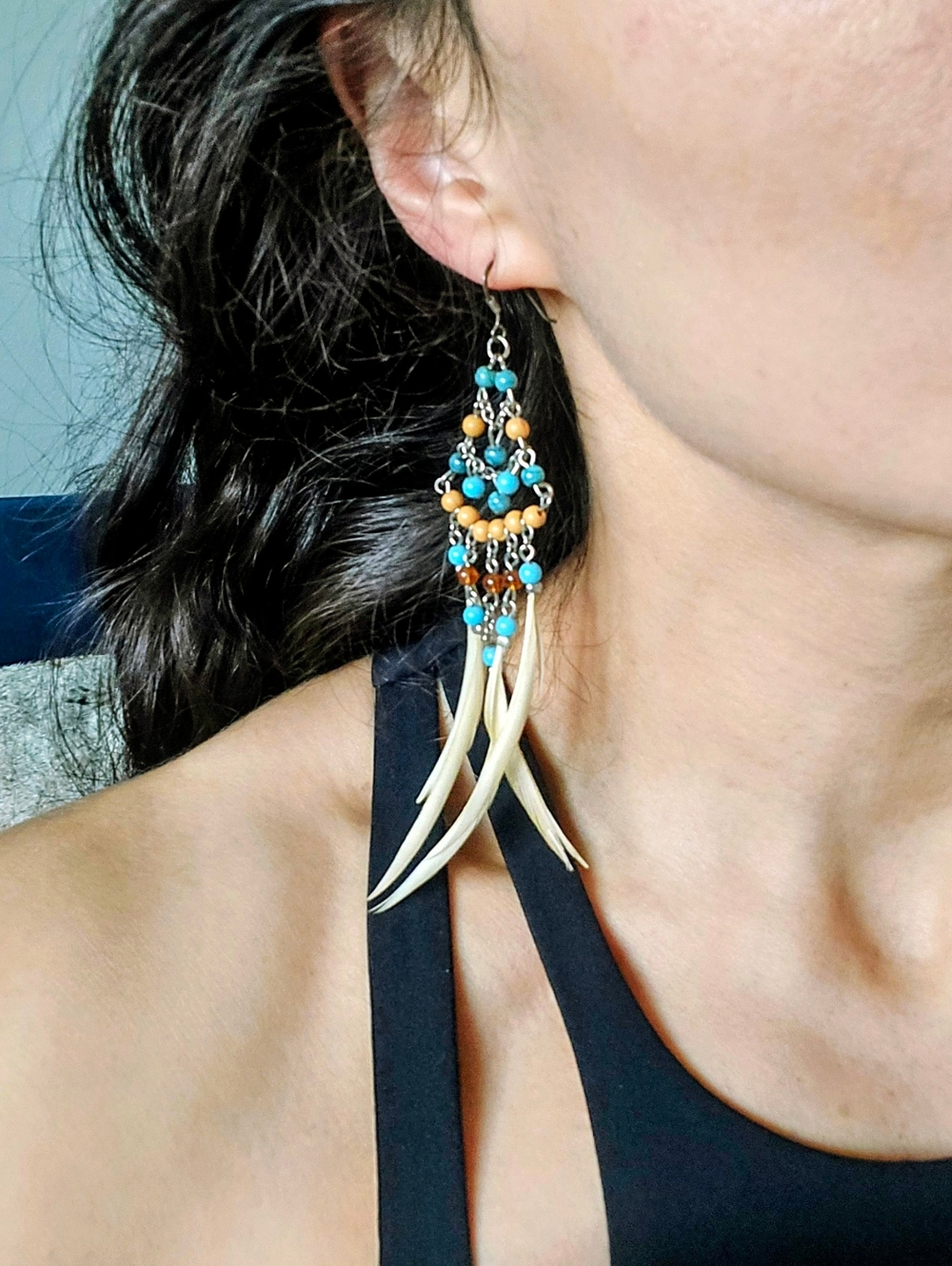 Boho Turquoise & Tan Beaded Feather Dangle Earrings
